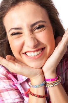 attractive young woman posing in white background