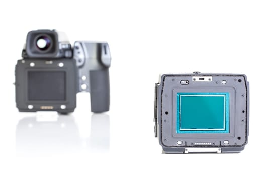 close up of a professional medium format camera and digital back