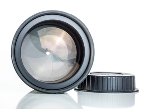 proffesional photography lens close up over white background