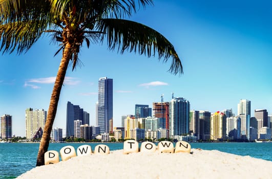 Miami Downtown skyline in daytime with Biscayne Bay.