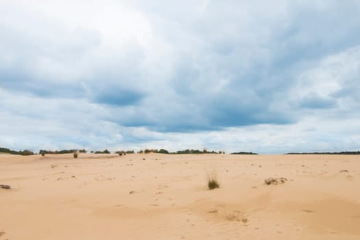 Cloudy blue sky above camel colored sand dunes