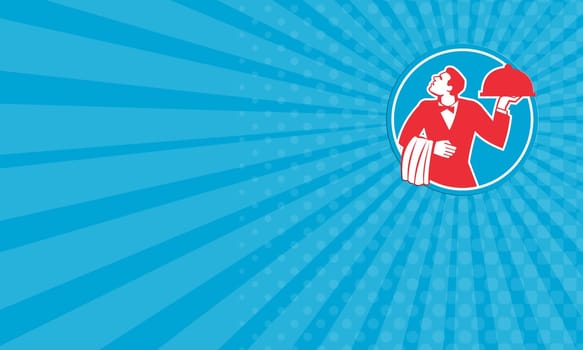 Business card showing illustration of a butler waiter serving food in a platter looking to the side viewed from front set inside circle on isolated background done in retro style.
