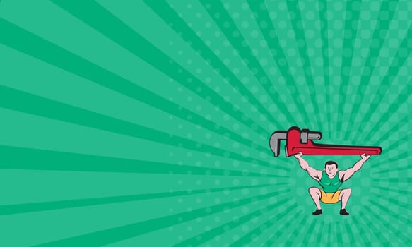 Business card showing illustration of a plumber weightlifter in a squat position lifting giant monkey wrench over head viewed from front set on isolated white background done in cartoon style.