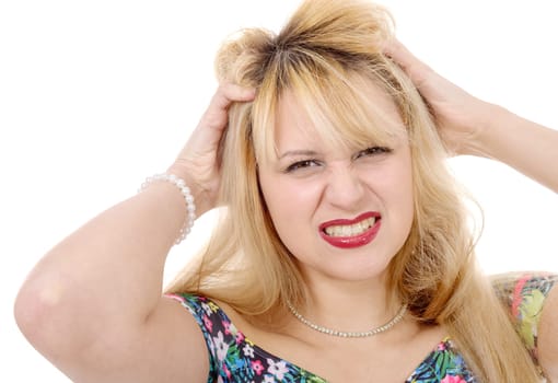 a frustrated pretty blonde woman with hands on her head