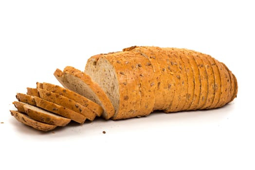 Fresh baked and sliced bread on a white background