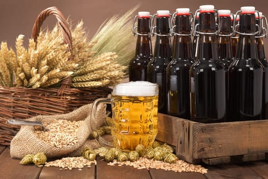 Beer box and beer glass with wheat,barley,hops and malt