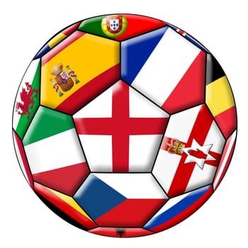 Soccer ball on a white background with flags of European countries