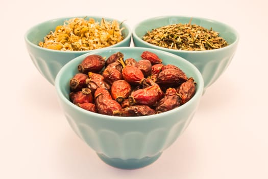 Tea herb in bowls on white background