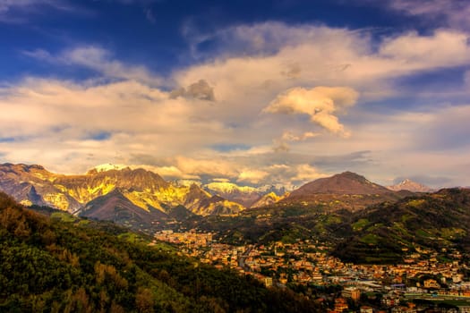 Panoramic view of city of Carrara before the sunset