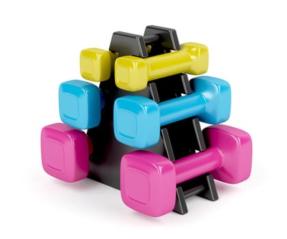 Rack with plastic dumbbells with different sizes and colors