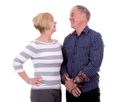 retired couple wearing casual outfits on white isolated background