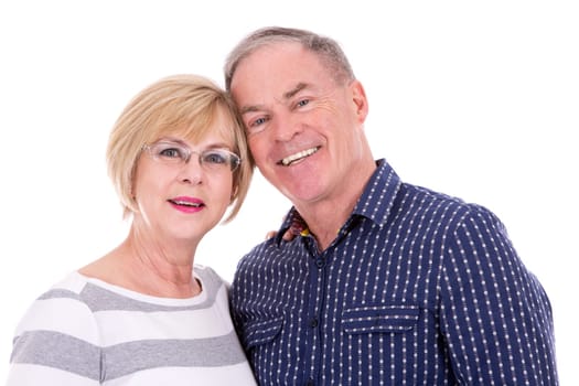 retired couple wearing casual outfits on white isolated background