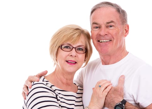 retired couple wearing summer outfits on white isolated background