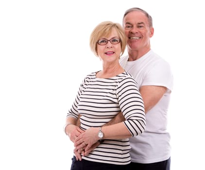 retired couple wearing summer outfits on white isolated background