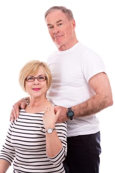 retired couple wearing summer outfits on white isolated background