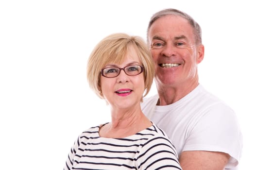 retired couple wearing summer outfits on white isolated background