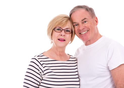 retired couple wearing summer outfits on white isolated background