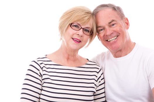 retired couple wearing summer outfits on white isolated background