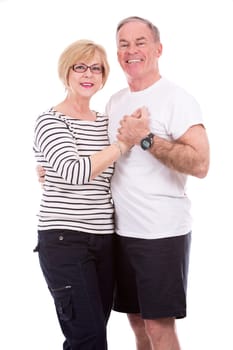 retired couple wearing summer outfits on white isolated background