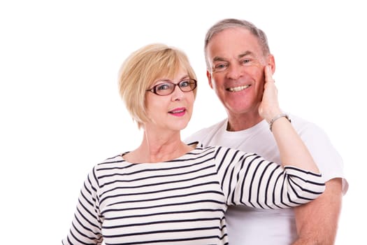 retired couple wearing summer outfits on white isolated background