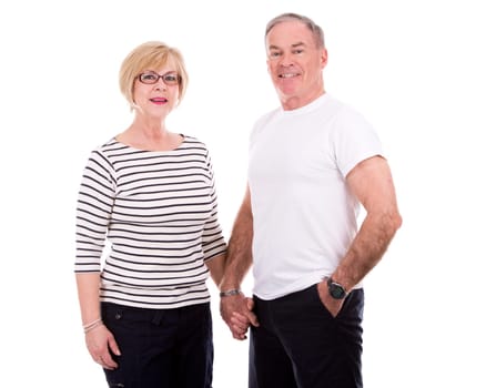 retired couple wearing summer outfits on white isolated background