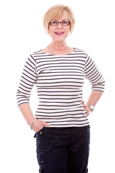 pretty woman wearing summer outfit on white isolated background