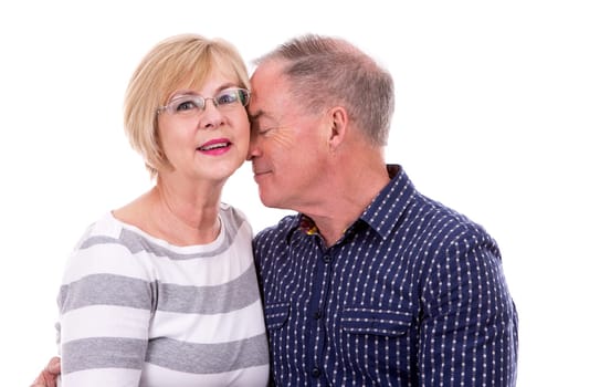 retired couple wearing casual outfits on white isolated background