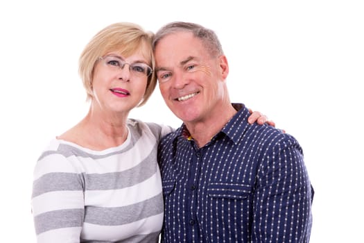retired couple wearing casual outfits on white isolated background