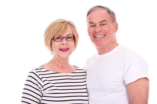 retired couple wearing summer outfits on white isolated background
