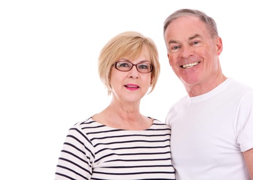retired couple wearing summer outfits on white isolated background