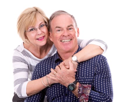 retired couple wearing casual outfits on white isolated background