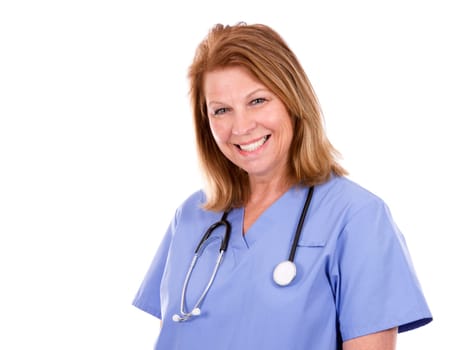 female caucasian doctor posing on white isolated background