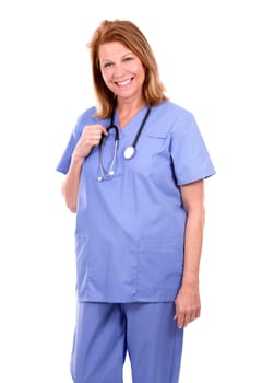 female caucasian doctor posing on white isolated background