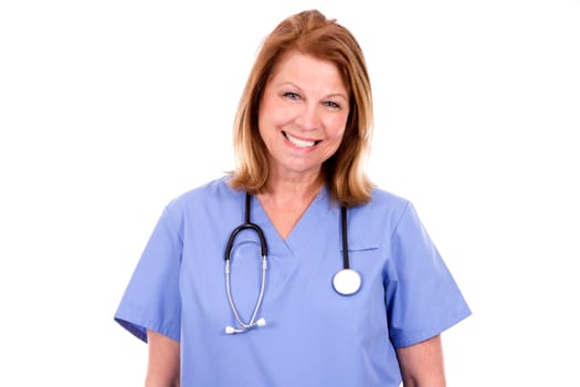 female caucasian doctor posing on white isolated background