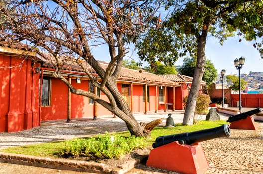 Red colonial era house in Valparaiso, Chile