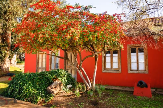 Red colonial house in Valparaiso, Chile