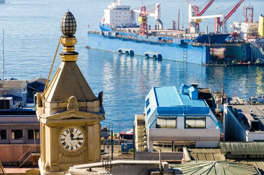 Buildings in Valparaiso, Chile with a tanker visible