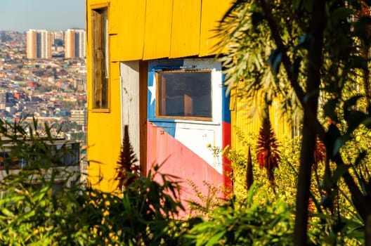 View of a funicular cable car at the top of a hill in Valparaiso, Chile