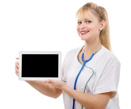 a young cheerful woman doctor is showing her blank tablet, isolated over white