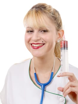 an happy smiling young female doctor with syringe , on white
