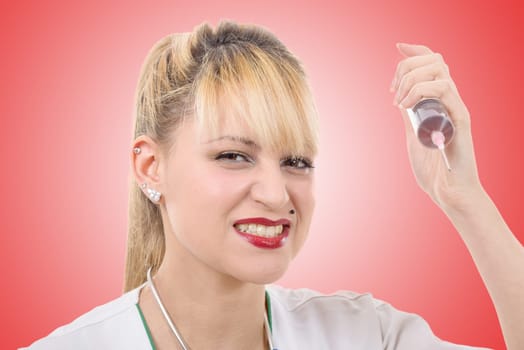 an angry crazy blond doctor with a syringe