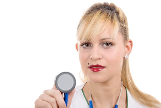 A female doctor with a stethoscope listening, isolated on white background