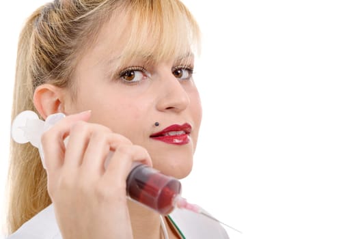 an happy smiling young female doctor with syringe , on white