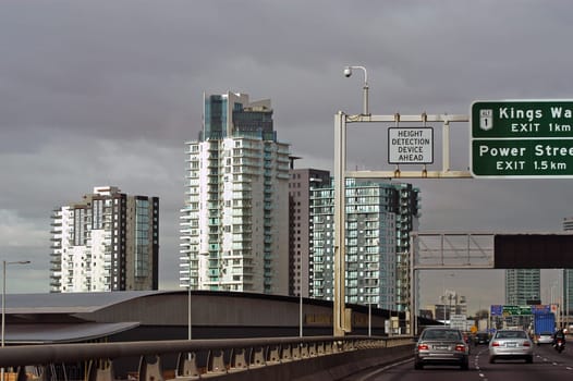 Melbourne panorama view from a car in the fast lane
