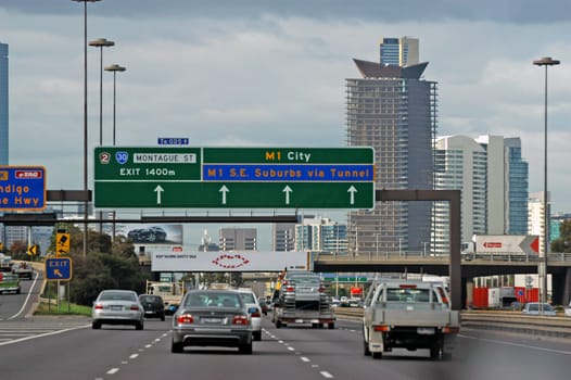 Melbourne panorama view from a car in the fast lane