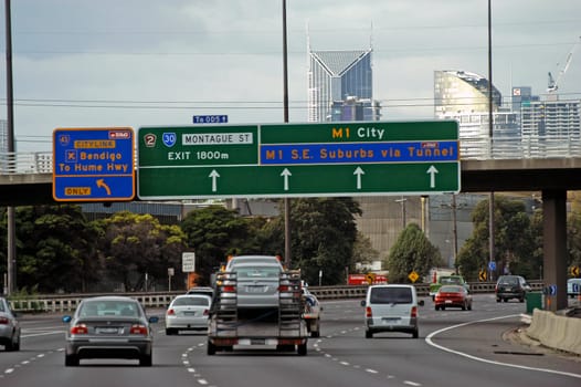 Melbourne panorama view from a car in the fast lane