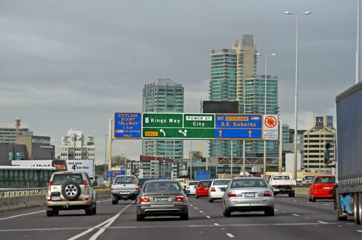 Melbourne panorama view from a car in the fast lane