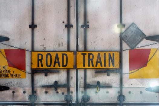 Sign road train in the back of a truck trailer Australia, these trucks can have up to six trailers
