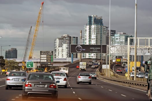 Melbourne panorama view from a car in the fast lane