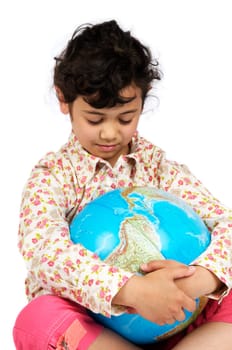Stop the global warming! Picture of a girl holding a globe, she's dreaming of a better future.